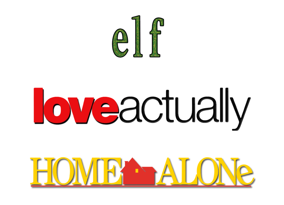 Movie logos for Elf, Home Alone and Love Actually